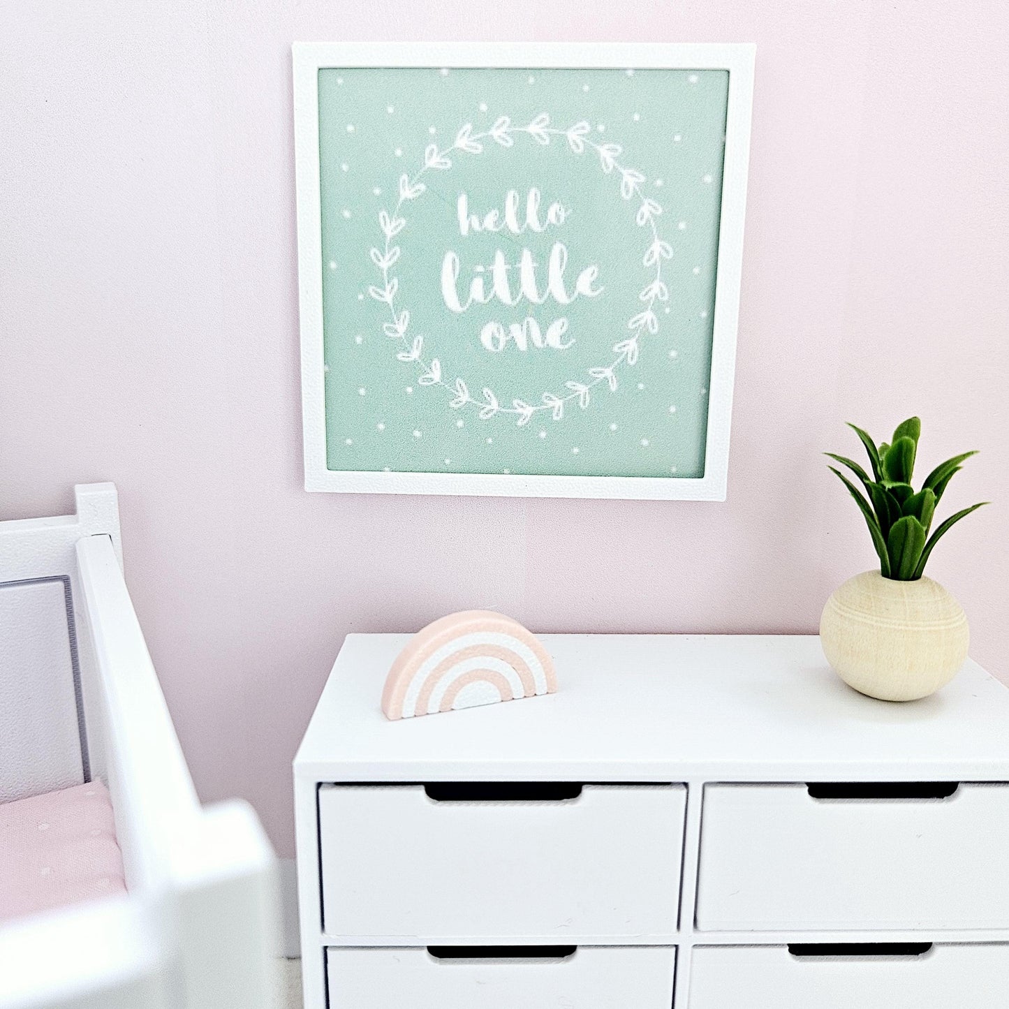 Dolls House Modern Framed Wall Art, Pink, Blue or Green. Hello Little One picture, 12th scale, miniature wall picture. Nursery wall art