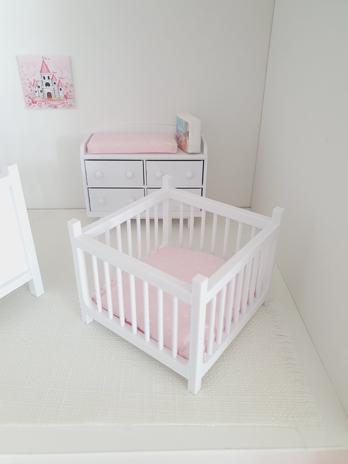 Dolls House Playpen with a Pink, Blue or White base  1:12th Scale, Miniature Playpen (PLAY)