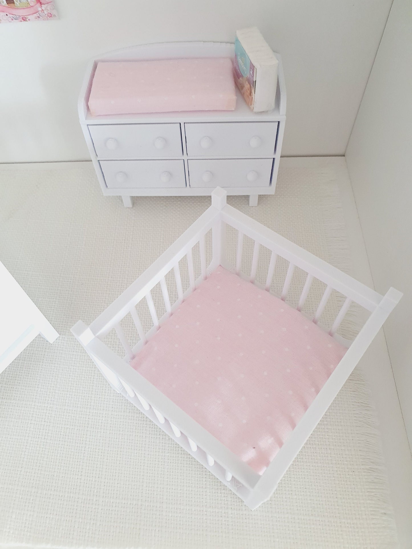 Dolls House Playpen with a Pink, Blue or White base  1:12th Scale, Miniature Playpen (PLAY)
