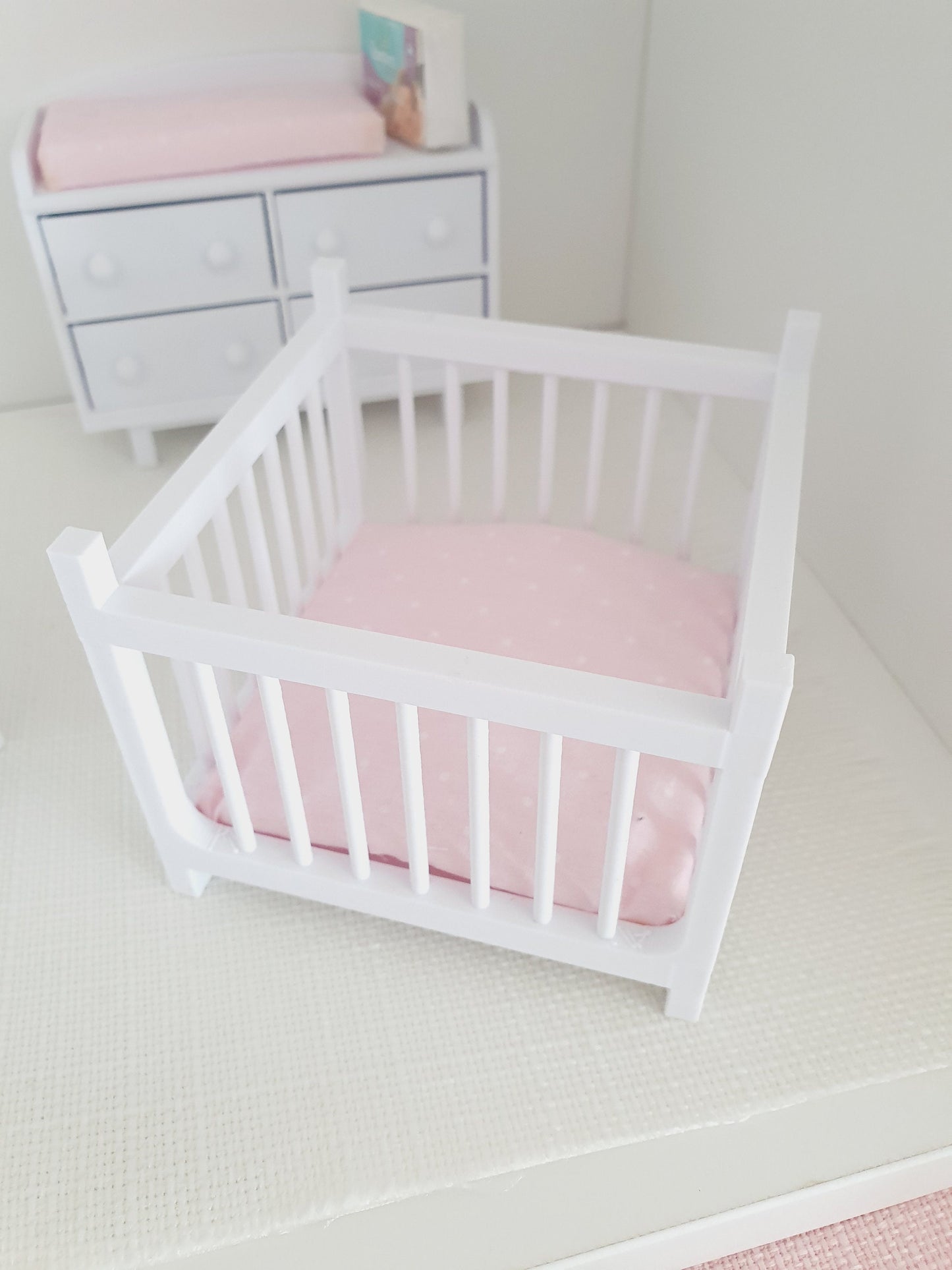 Dolls House Playpen with a Pink, Blue or White base  1:12th Scale, Miniature Playpen (PLAY)