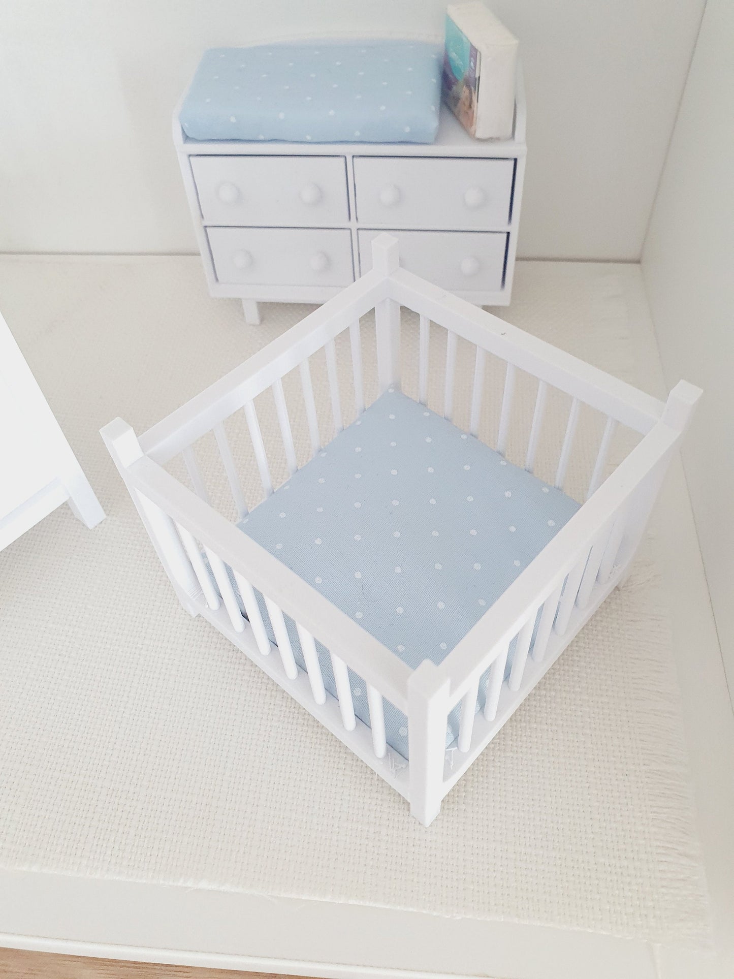 Dolls House Playpen with a Pink, Blue or White base  1:12th Scale, Miniature Playpen (PLAY)