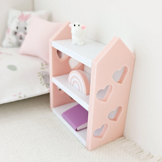Dolls House Bookcase with hearts, choice of colours, miniature bookcase, 12th scale, perfect for a child's bedroom or nursery
