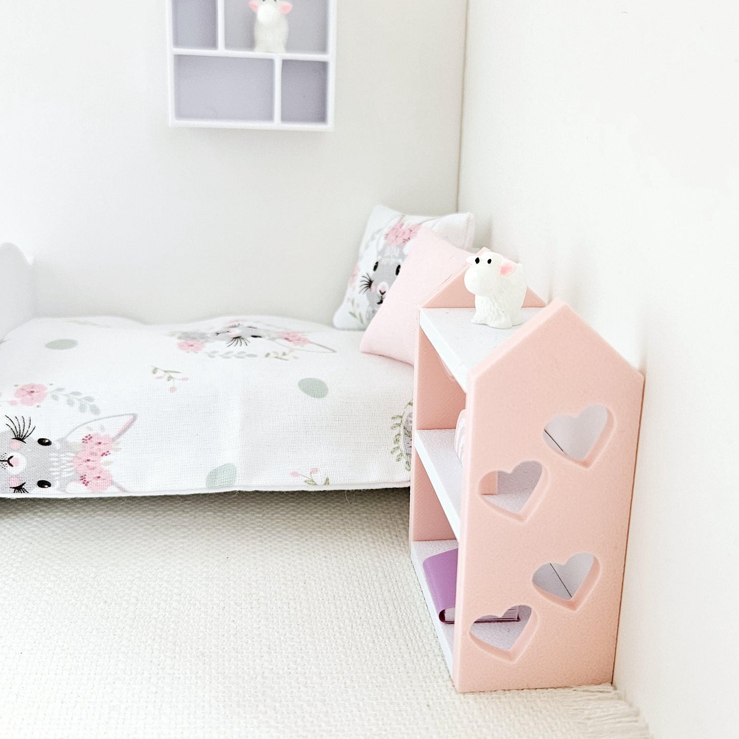 Dolls House Bookcase with hearts, choice of colours, miniature bookcase, 12th scale, perfect for a child's bedroom or nursery
