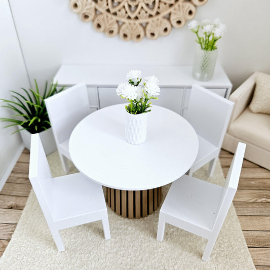 Dolls House Modern Round Dining Table and 4x Chairs, 12th Scale, Miniature Table