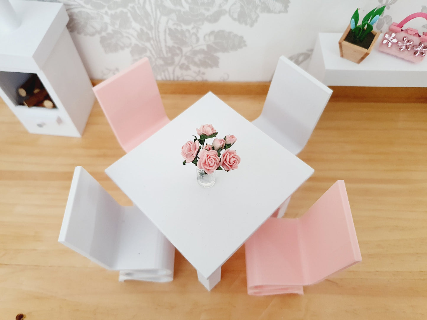 Dolls House Modern Small White Dining Table with Chunky Legs & 4 Funky Chairs  1:12th Scale, Miniature Table