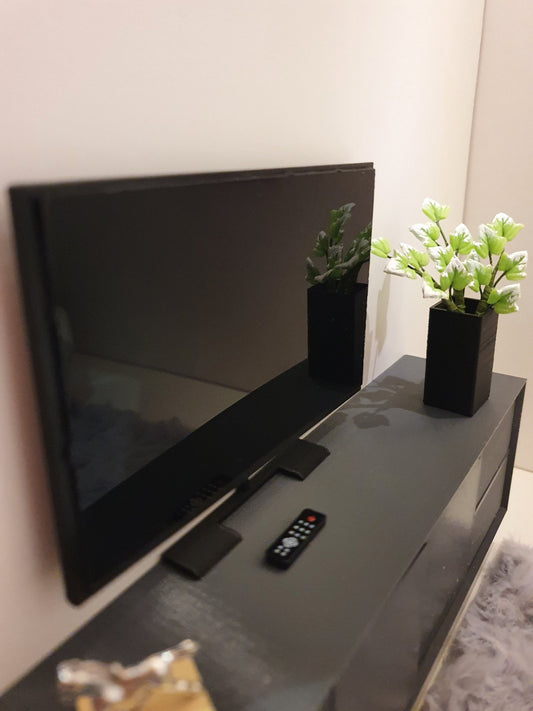 Modern Flatscreen Television on a Modern Stand with remote control, dolls house, Miniature TV (TVST)