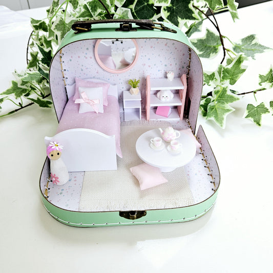 Dolls House in a Small Travel Suitcase, Pretty pink polka dot design, 12th Scale, Miniature case
