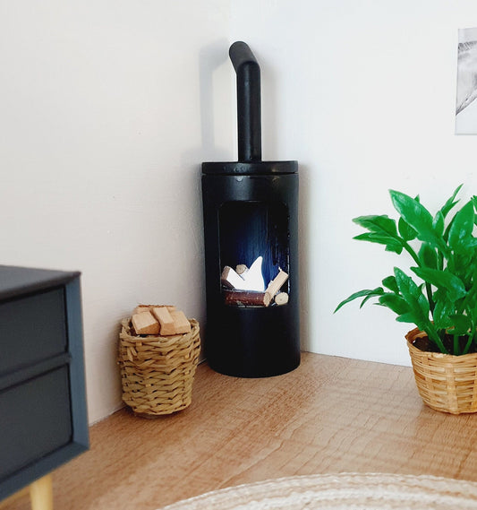 Dolls House Black Modern Round Log Fire with Light Up Flame and Wood, 1:12th Scale, Miniature Fire (FIRE2)