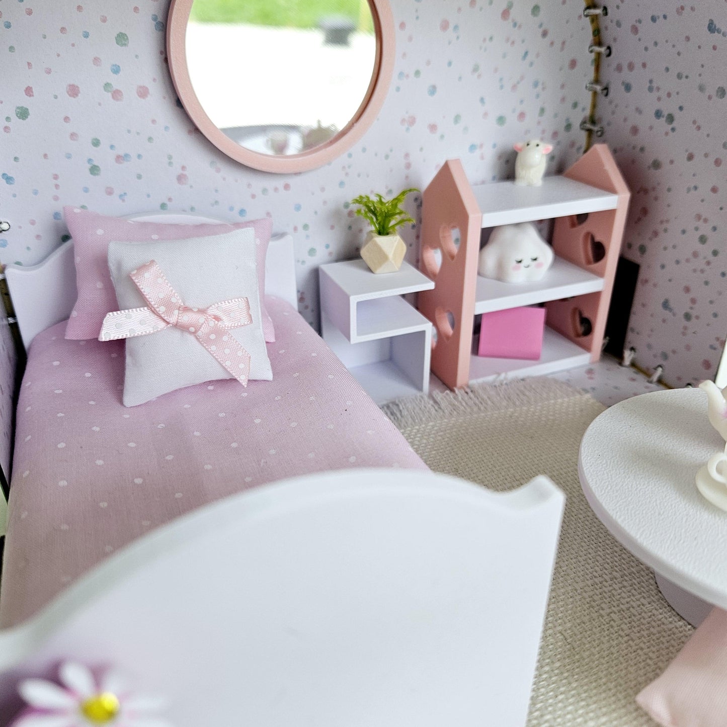 Dolls House in a Small Travel Suitcase, Pretty pink polka dot design, 12th Scale, Miniature case