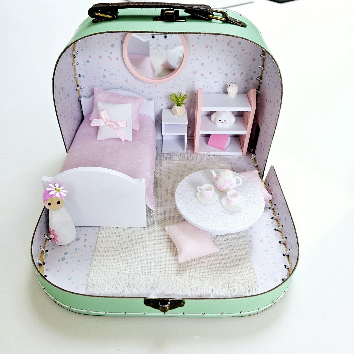 Dolls House in a Small Travel Suitcase, Pretty pink polka dot design, 12th Scale, Miniature case
