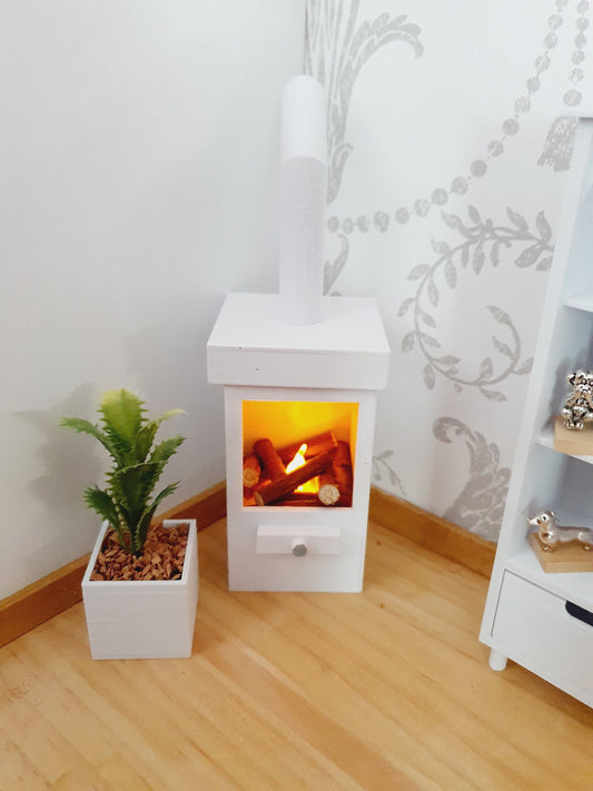 Dolls House Modern White Square Log Fire with Light Up Flame and Wood, 1:12th Scale, Miniature Fire (FIRE7)