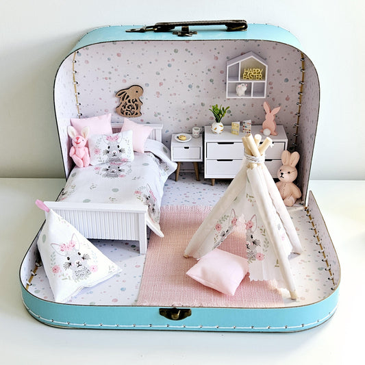 Dolls House Easter Bunny Travel Suitcase, Pretty Rabbit Bedroom Design, 12th Scale, Miniature case
