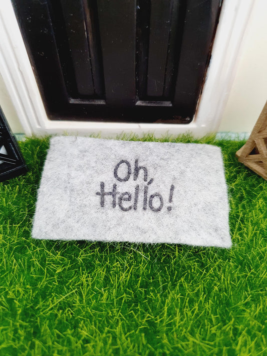 Dolls House Oh Hello ! Design Grey Fabric Doormat | 1:12th Scale | Miniature Mat