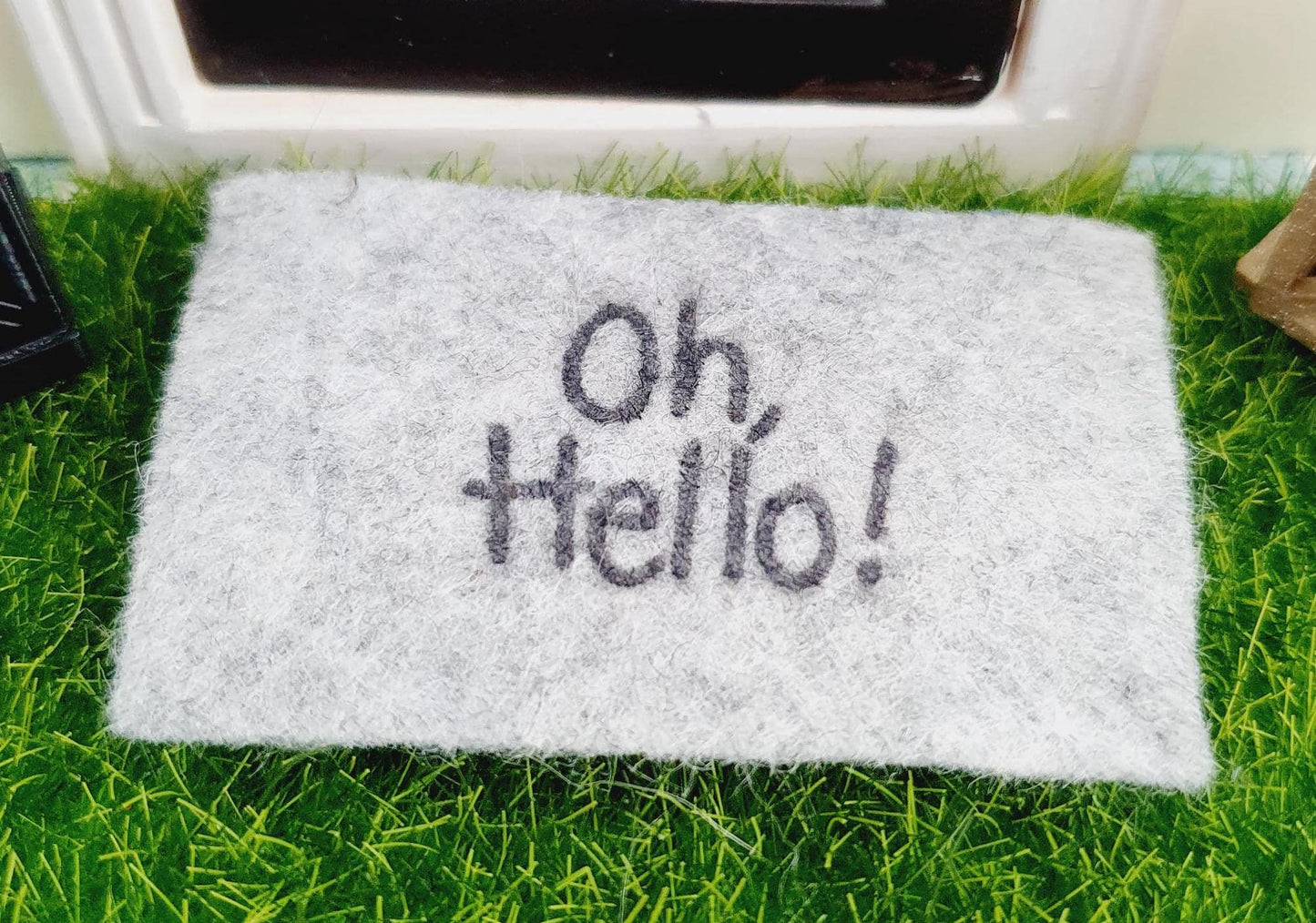 Dolls House Oh Hello ! Design Grey Fabric Doormat | 1:12th Scale | Miniature Mat