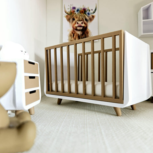 Dolls House Modern Coloured Cot with wooden effect sides, includes mattress, 1:12th Scale, Miniature Crib/ Cot (COT2)