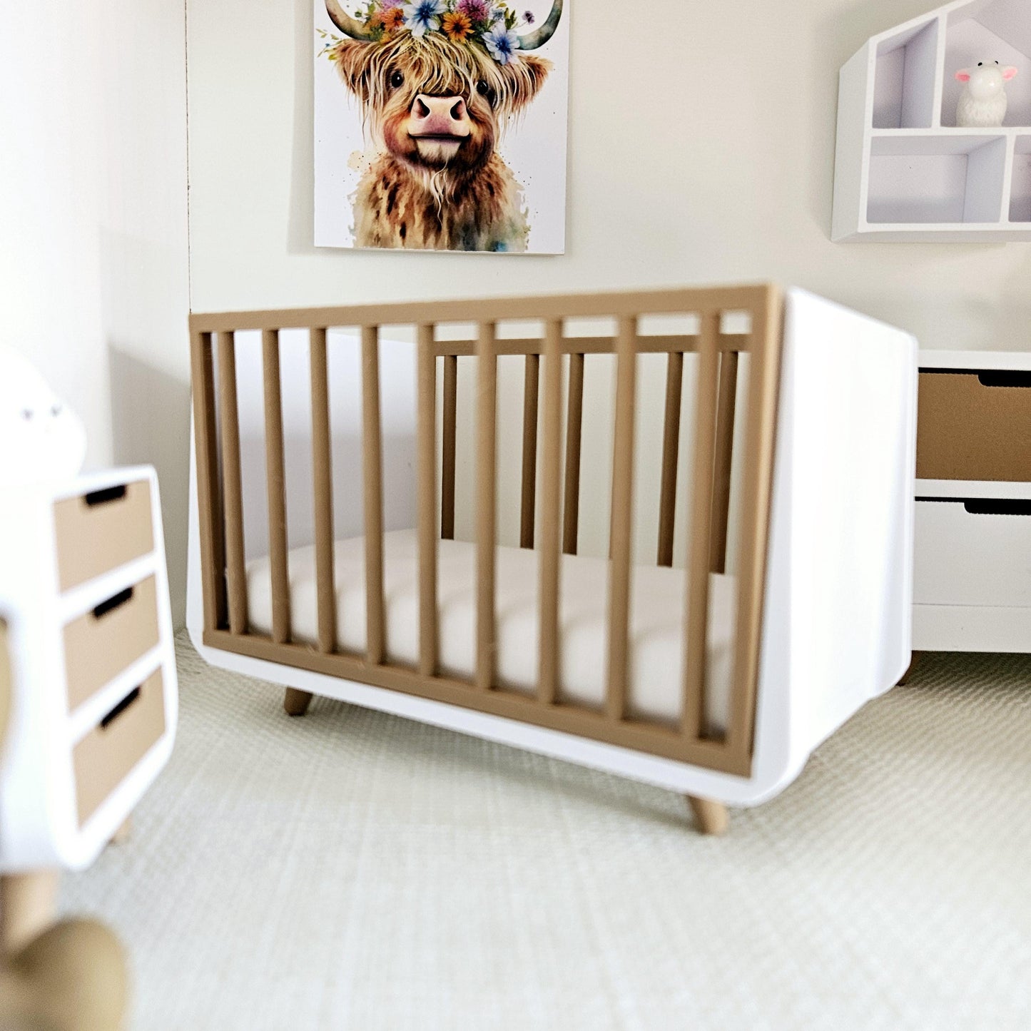 Dolls House Modern Coloured Cot with wooden effect sides, includes mattress, 1:12th Scale, Miniature Crib/ Cot (COT2)