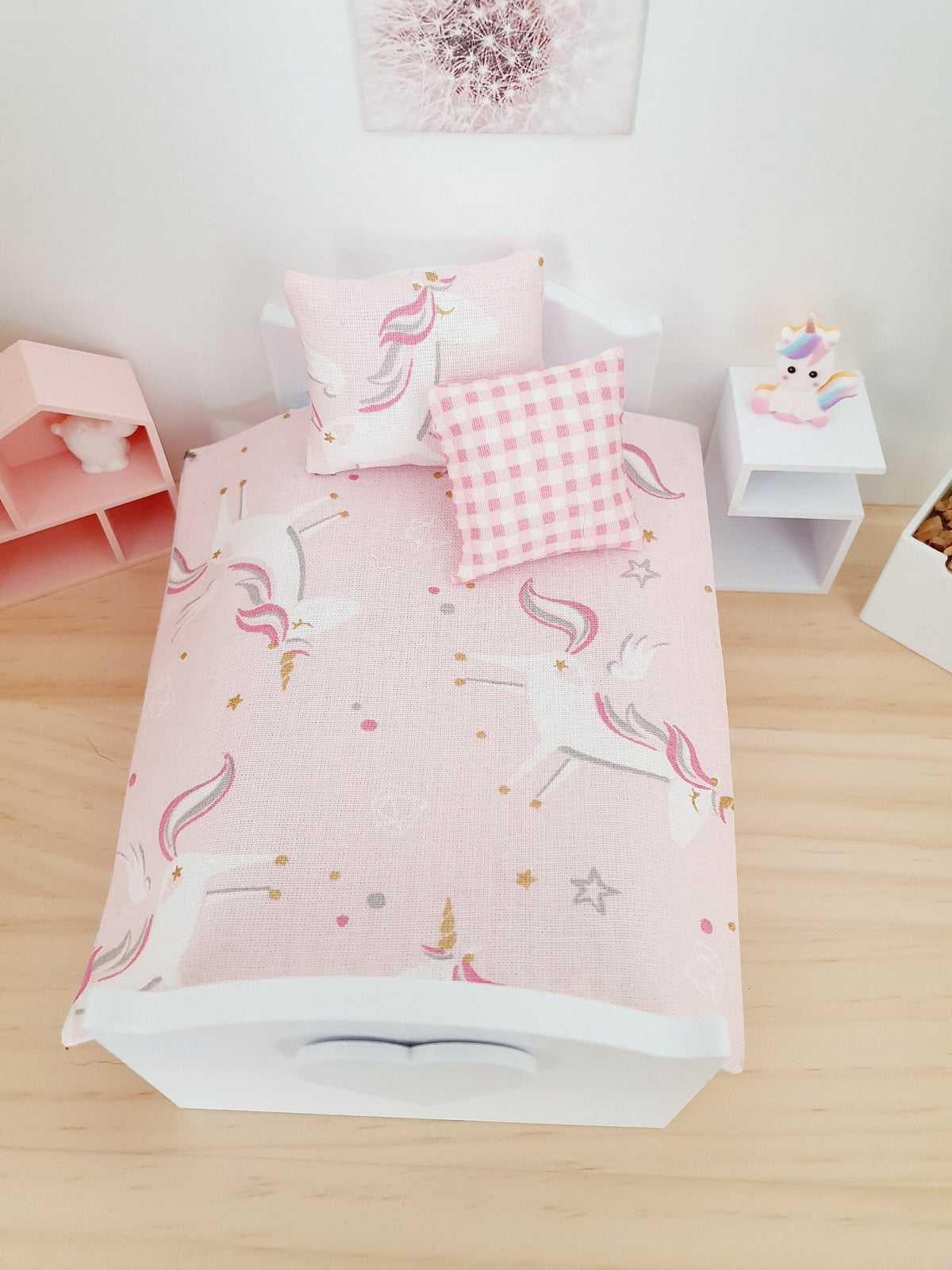 Dolls House Junior Bedding Set – Pink Unicorns, 1:12 Scale