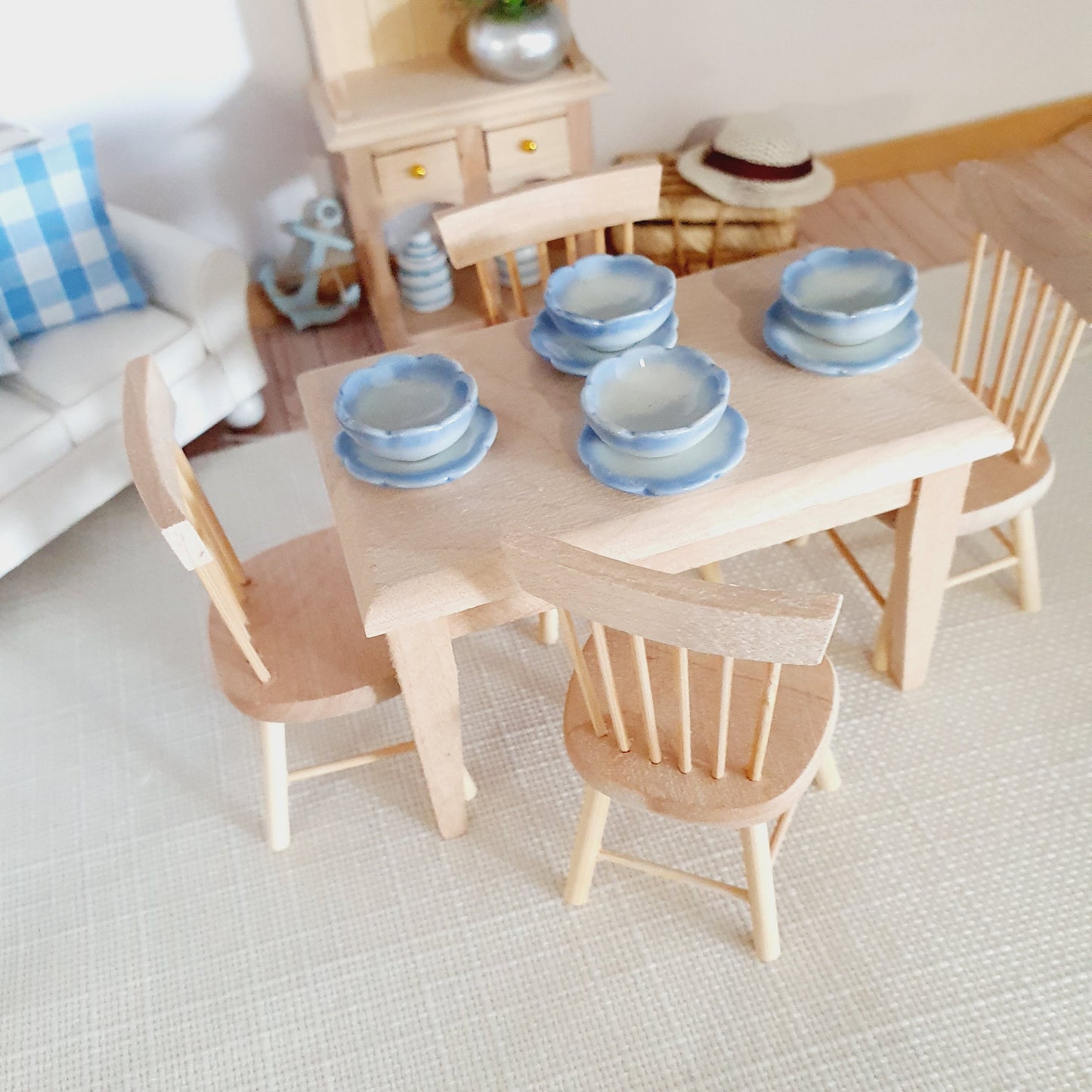 Dolls House Wooden Dresser & Table and 4 Chairs Set,  Miniature Furniture, Dollhouse Accessories, Rustic Farmhouse Style (K-SET-6-DR2)