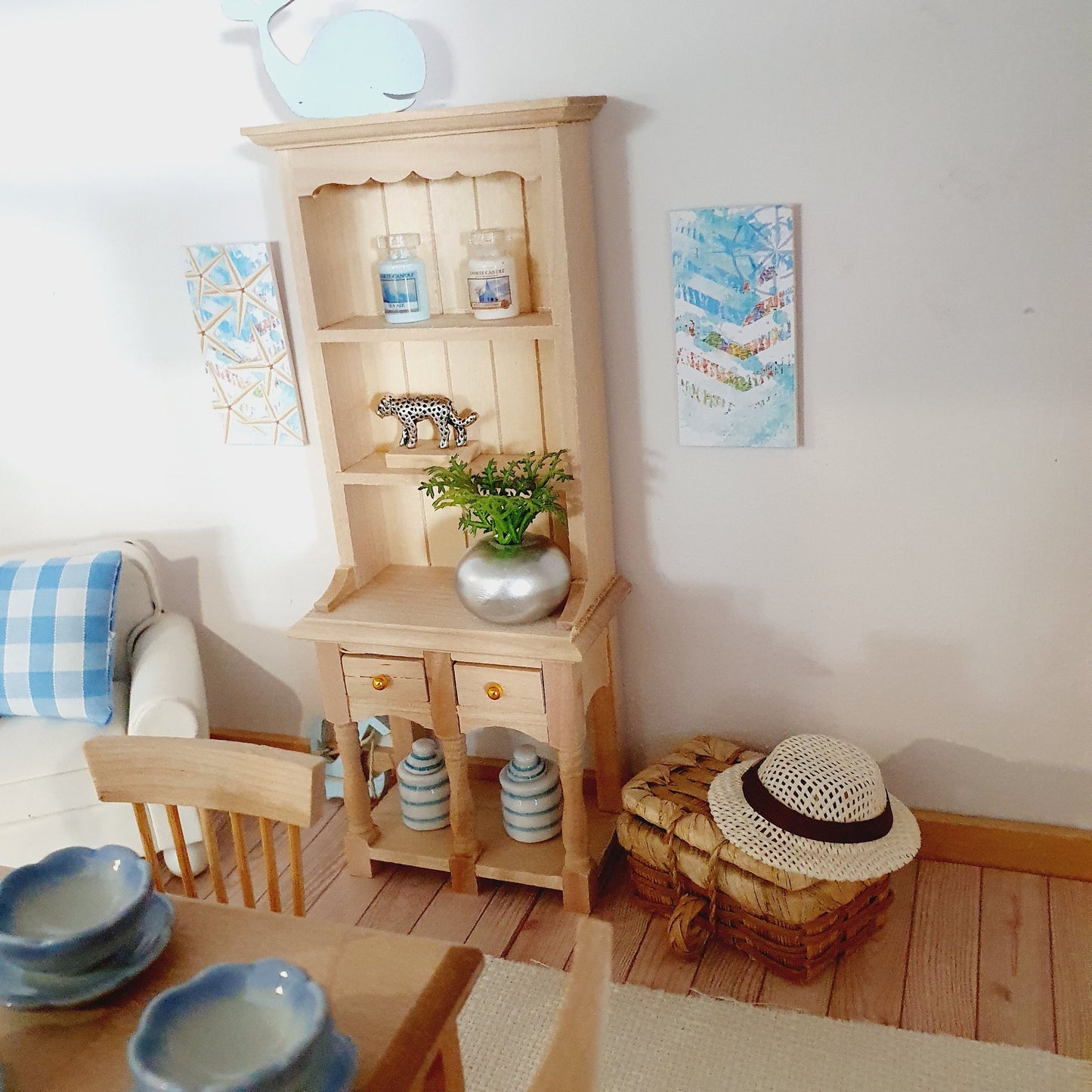 Dolls House Wooden Dresser & Table and 4 Chairs Set,  Miniature Furniture, Dollhouse Accessories, Rustic Farmhouse Style (K-SET-6-DR2)