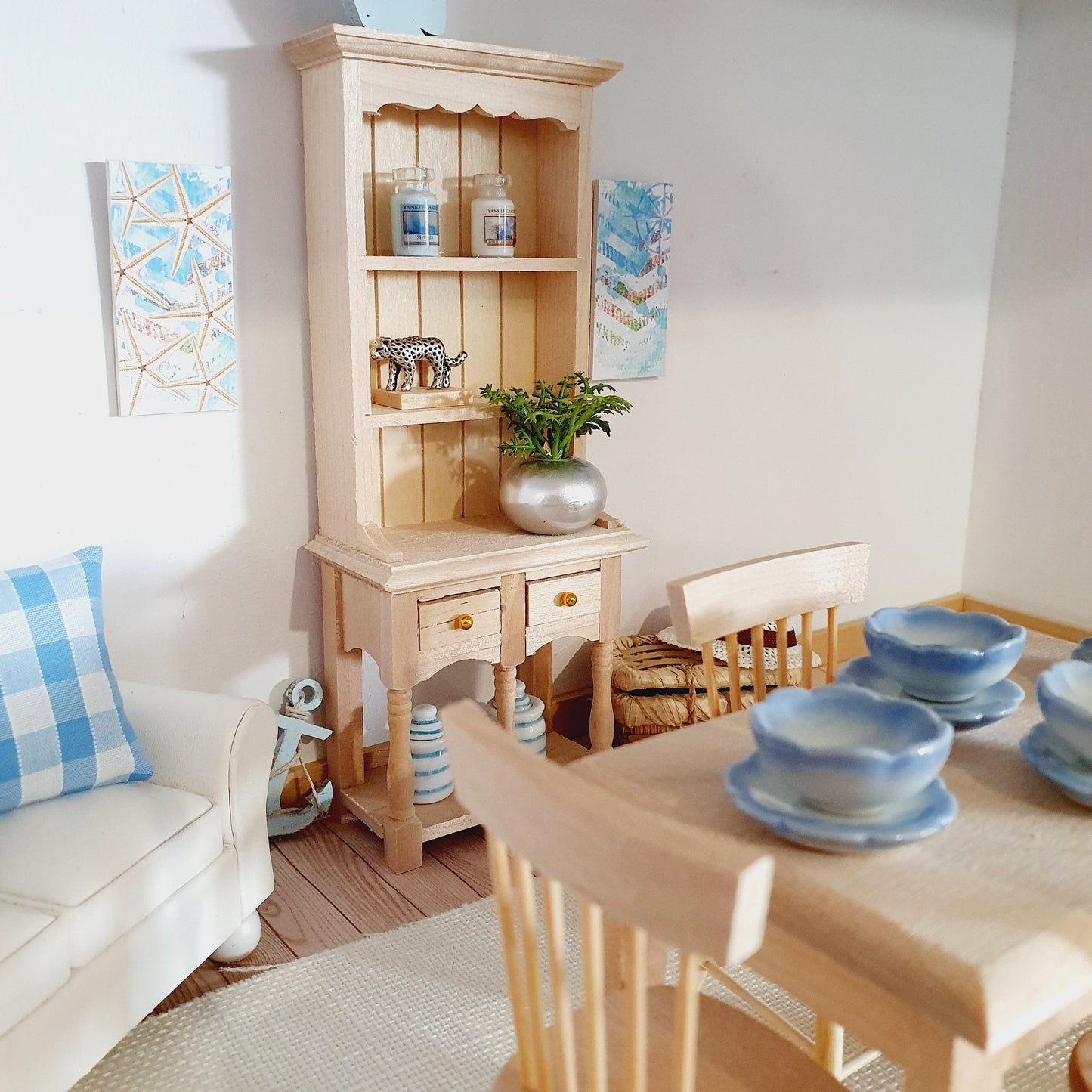 Dolls House Wooden Dresser & Table and 4 Chairs Set,  Miniature Furniture, Dollhouse Accessories, Rustic Farmhouse Style (K-SET-6-DR2)