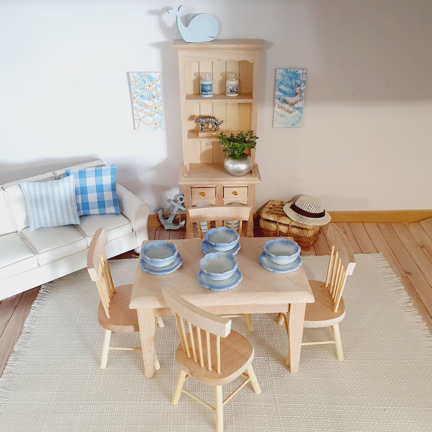 Dolls House Wooden Dresser & Table and 4 Chairs Set,  Miniature Furniture, Dollhouse Accessories, Rustic Farmhouse Style (K-SET-6-DR2)