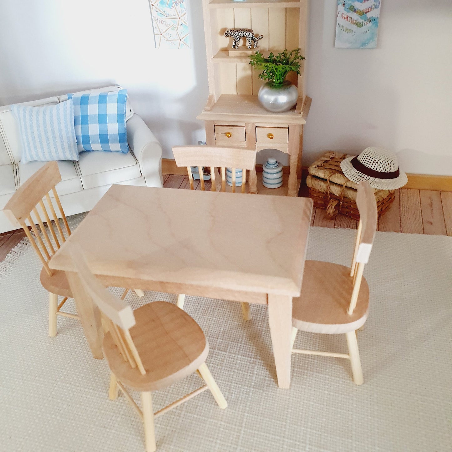 Dolls House Wooden Dresser & Table and 4 Chairs Set,  Miniature Furniture, Dollhouse Accessories, Rustic Farmhouse Style (K-SET-6-DR2)
