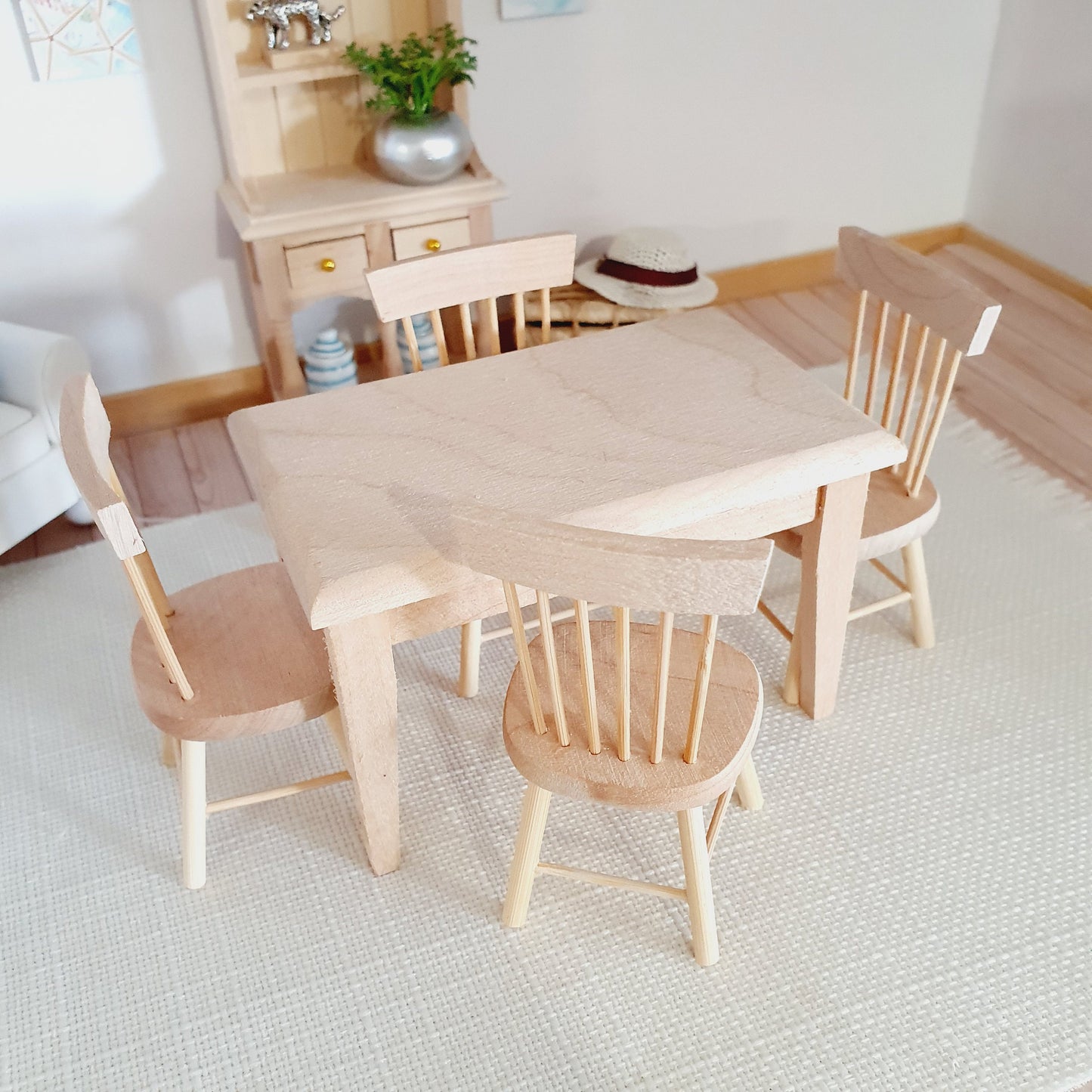 Dolls House Wooden Dresser & Table and 4 Chairs Set,  Miniature Furniture, Dollhouse Accessories, Rustic Farmhouse Style (K-SET-6-DR2)