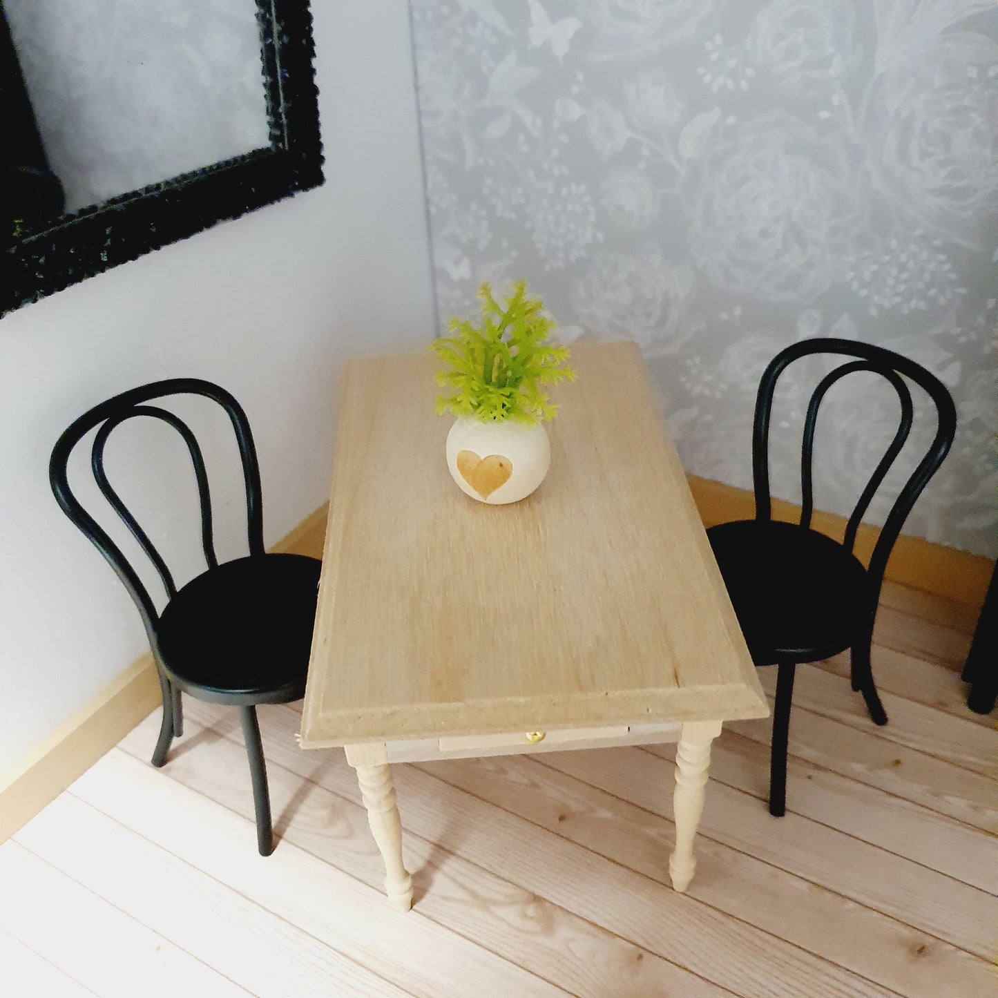 Dolls House Wooden Table with 2x drawers, Miniature Furniture, Dollhouse Accessories, Rustic Farmhouse Style (K-WTAB-1)