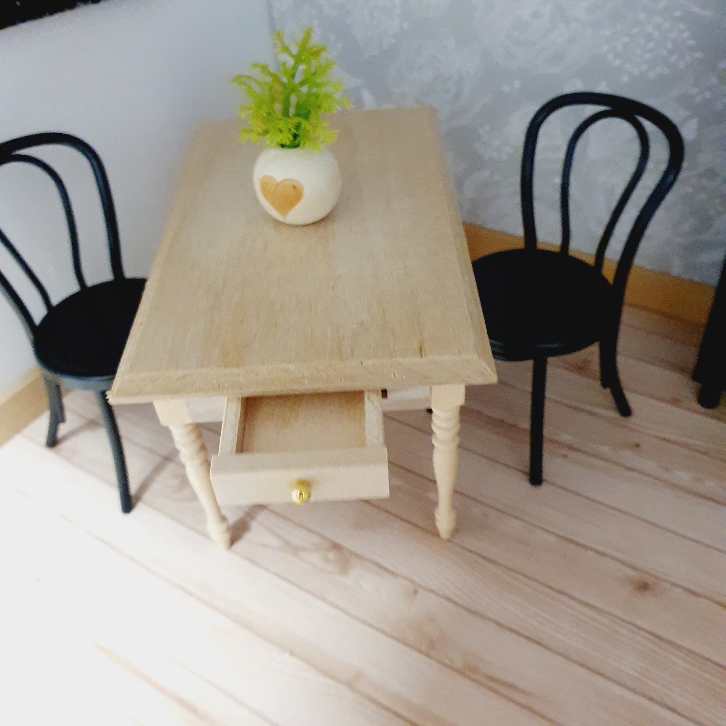 Dolls House Wooden Table with 2x drawers, Miniature Furniture, Dollhouse Accessories, Rustic Farmhouse Style (K-WTAB-1)