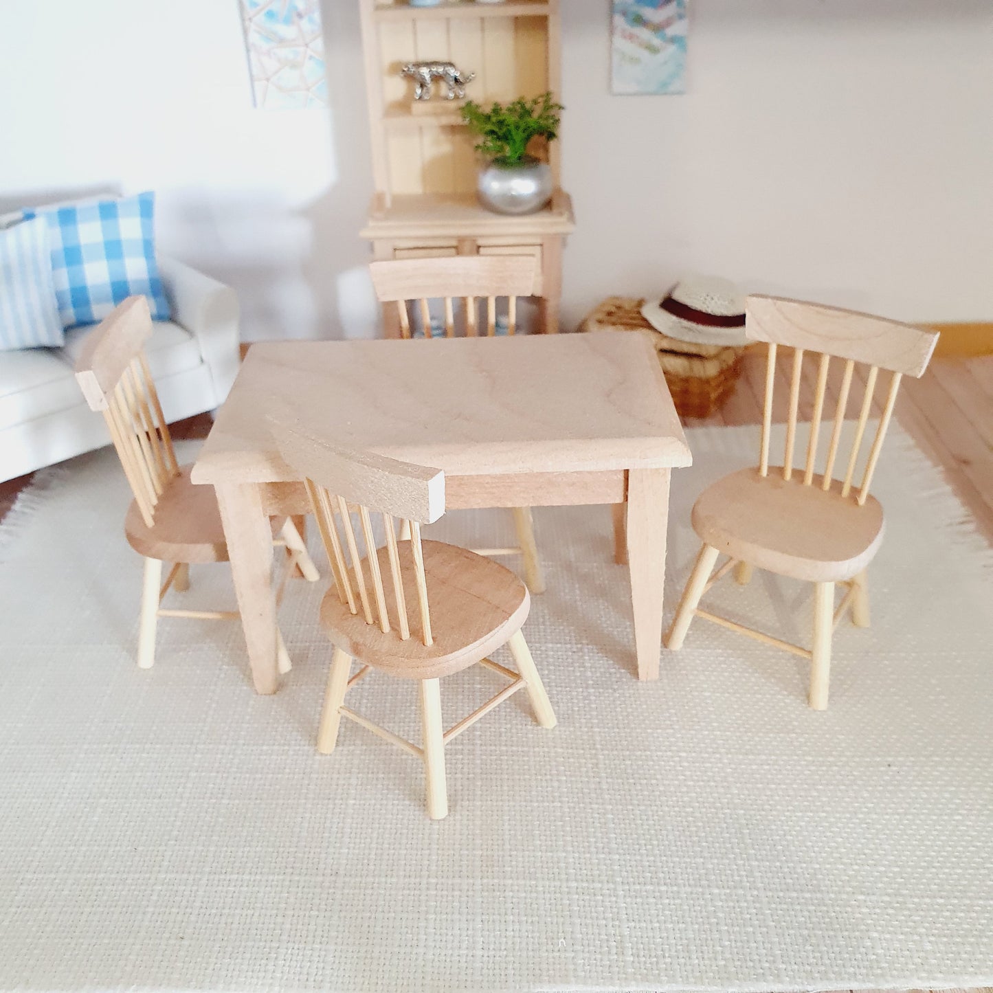 Dolls House Wooden Dresser & Table and 4 Chairs Set,  Miniature Furniture, Dollhouse Accessories, Rustic Farmhouse Style (K-SET-6-DR2)