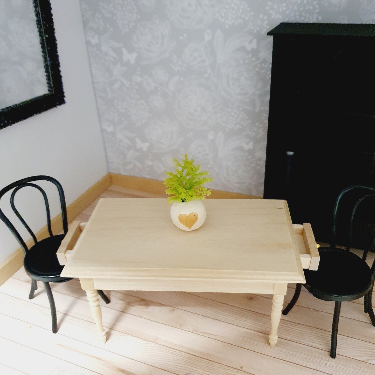 Dolls House Wooden Table with 2x drawers, Miniature Furniture, Dollhouse Accessories, Rustic Farmhouse Style (K-WTAB-1)