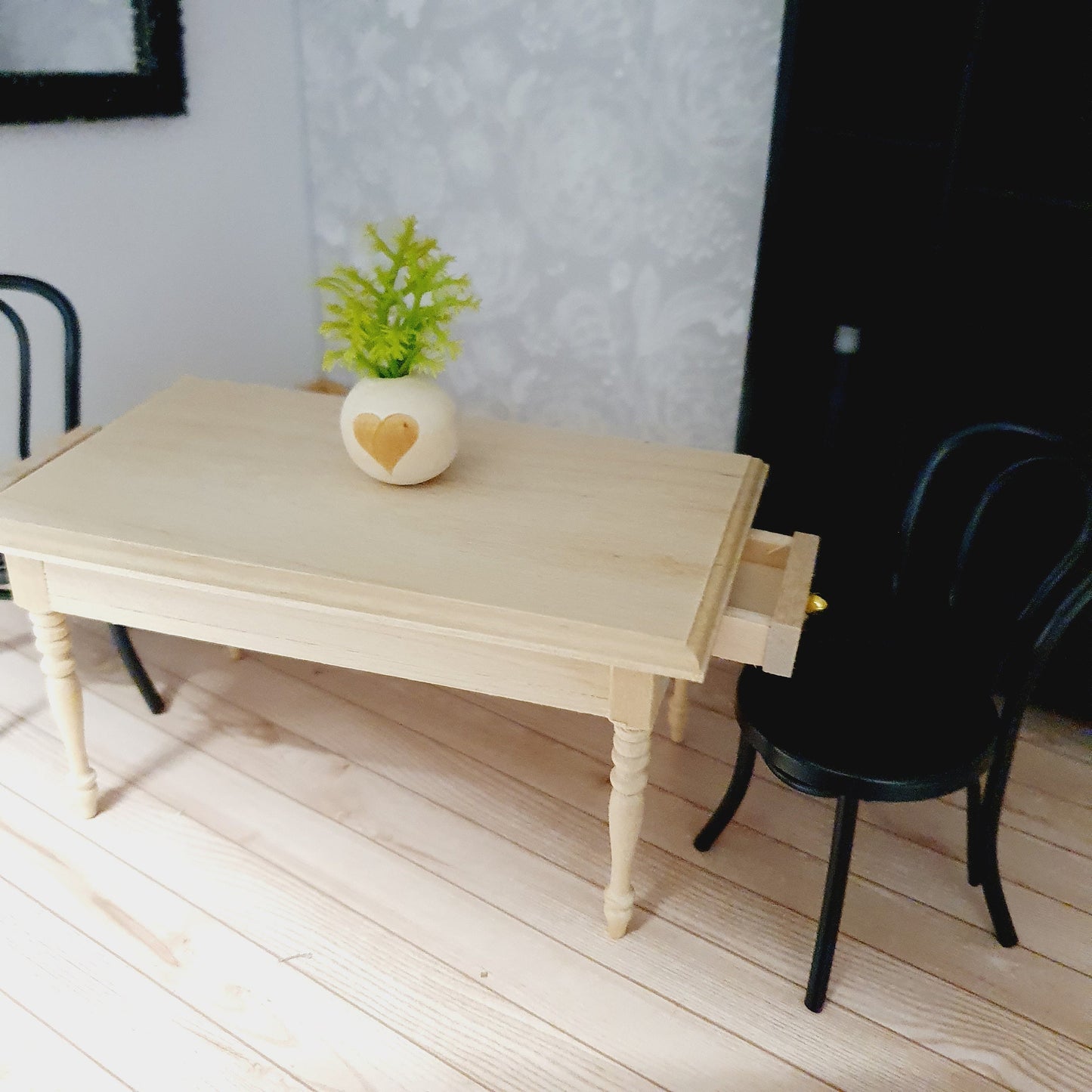 Dolls House Wooden Table with 2x drawers, Miniature Furniture, Dollhouse Accessories, Rustic Farmhouse Style (K-WTAB-1)