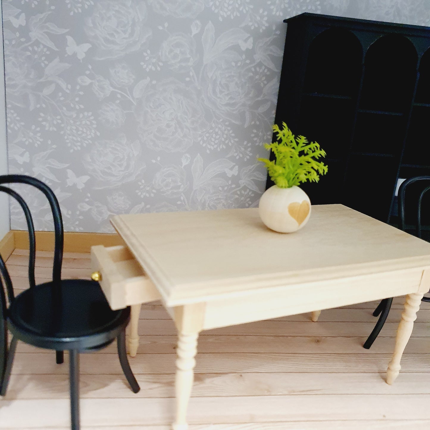 Dolls House Wooden Table with 2x drawers, Miniature Furniture, Dollhouse Accessories, Rustic Farmhouse Style (K-WTAB-1)