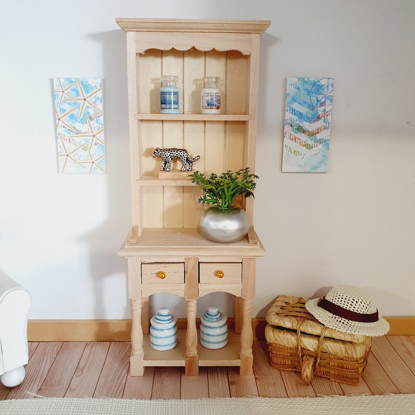 Dolls House Wooden Dresser & Table and 4 Chairs Set,  Miniature Furniture, Dollhouse Accessories, Rustic Farmhouse Style (K-SET-6-DR2)