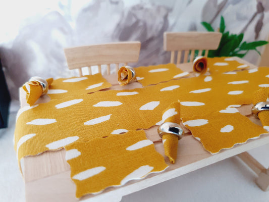 Dolls House Mustard Table Place Setting Set, Table Runner, Place Mats & Napkins, Set of 6, Miniature Table Place, 1:12