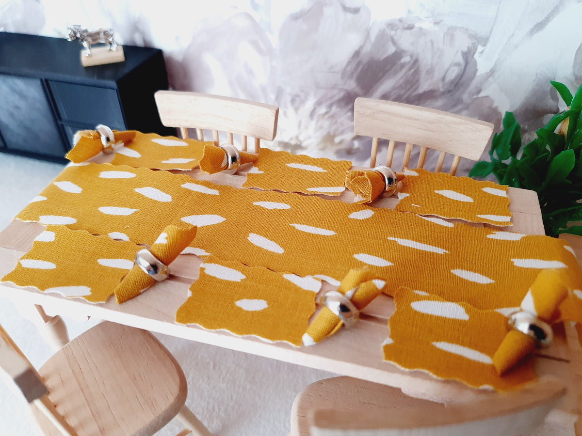 Dolls House Mustard Table Place Setting Set, Table Runner, Place Mats & Napkins, Set of 6, Miniature Table Place, 1:12