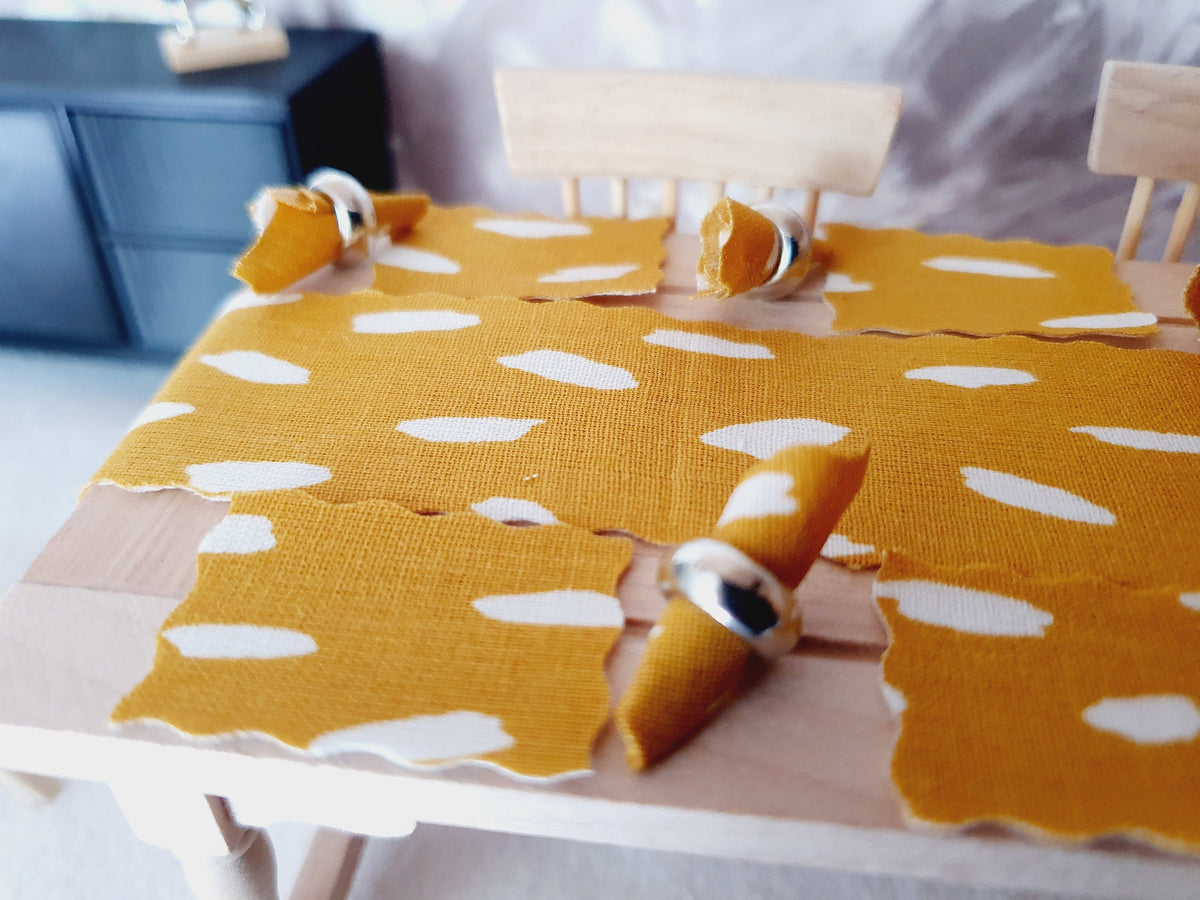 Dolls House Mustard Table Place Setting Set, Table Runner, Place Mats & Napkins, Set of 6, Miniature Table Place, 1:12
