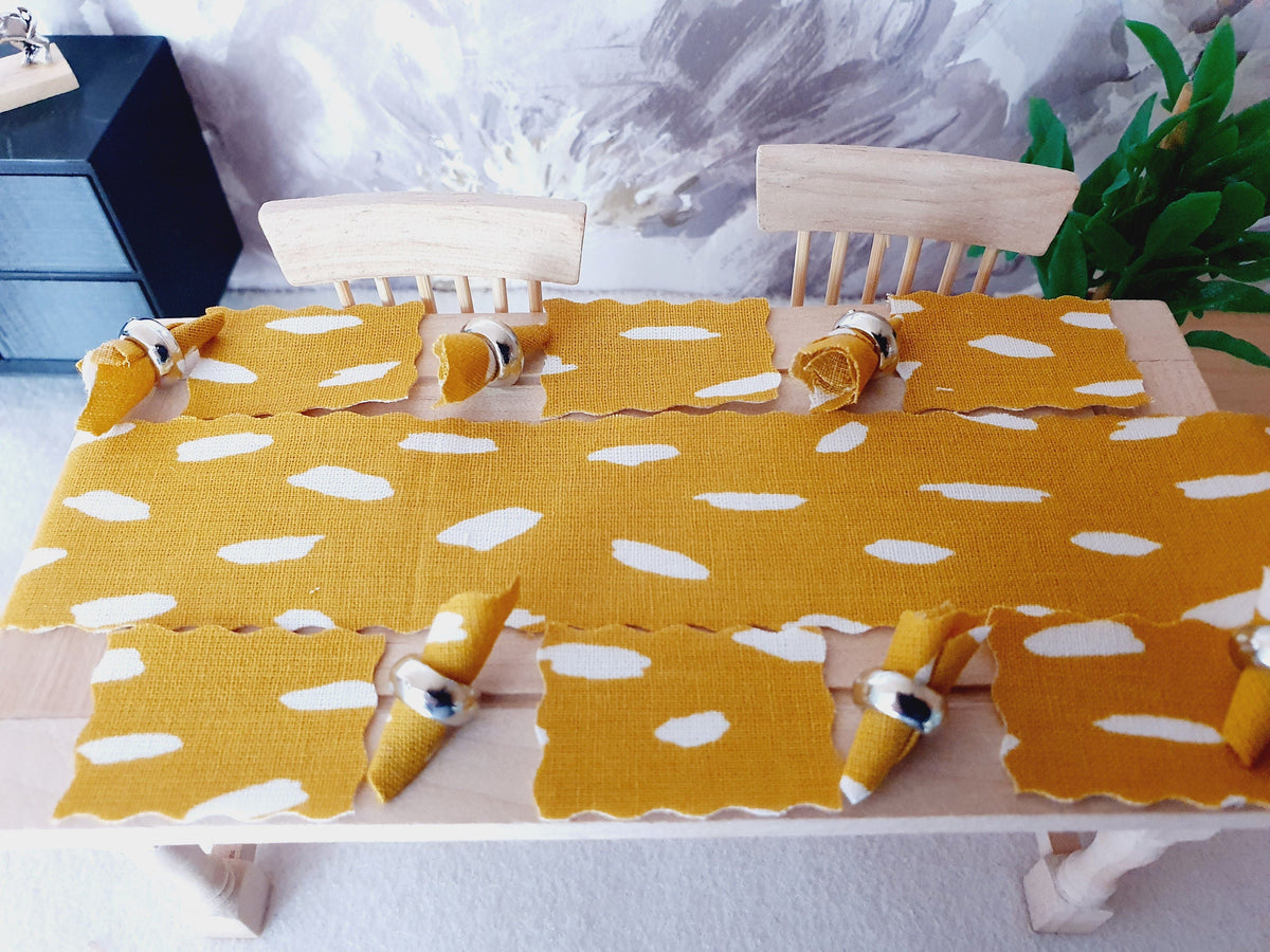 Dolls House Mustard Table Place Setting Set, Table Runner, Place Mats & Napkins, Set of 6, Miniature Table Place, 1:12