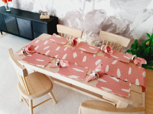 Dolls House Dark Pink Table Place Setting Set, Table Runner, Place Mats & Napkins, Set of 6, Miniature Table Place, 1:12