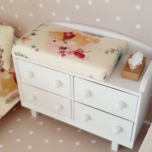 Dolls House White Modern Baby Changing Table with Winnie the Pooh changing pad, 1:12th Scale, Miniature