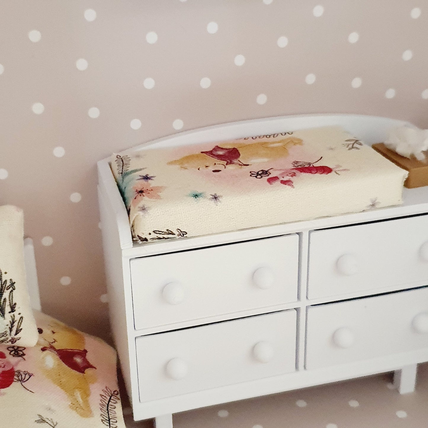 Dolls House White Modern Baby Changing Table with Winnie the Pooh changing pad, 1:12th Scale, Miniature