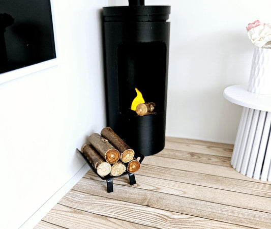 Dolls House Black Log Holder With Wood, 12th Scale, Miniature logs