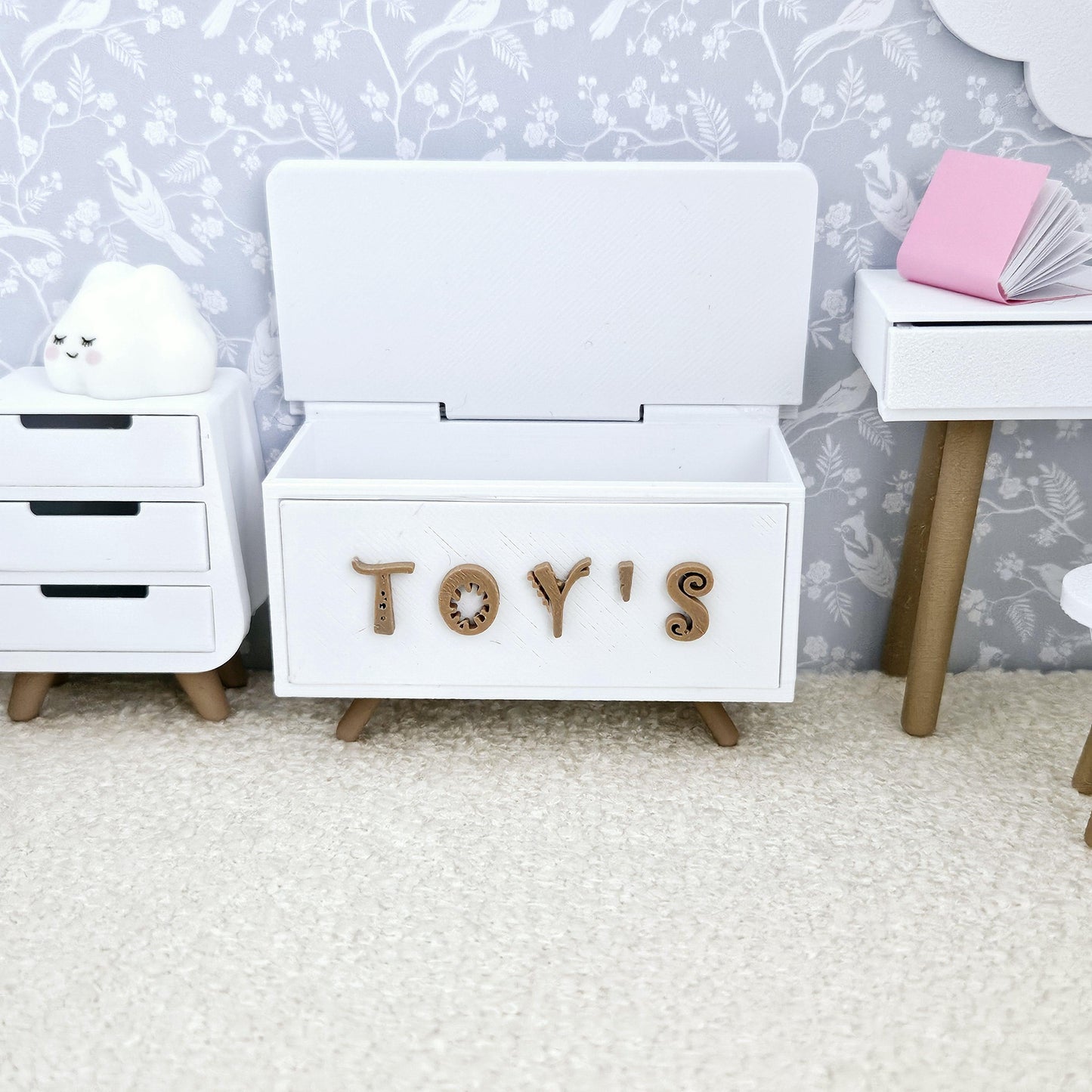 Dolls House Cute Toy Box, 12th scale storage box, miniature toys, choice of colours