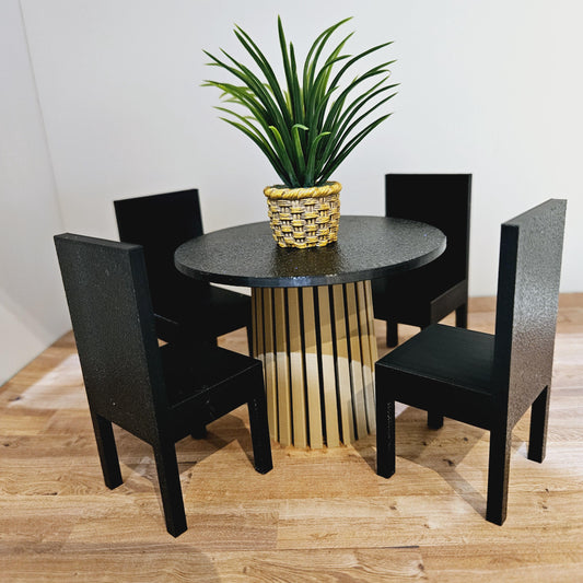 Dolls House Dining Set | Wood & Granite Effect Table with Black Chairs | 1:12 Scale