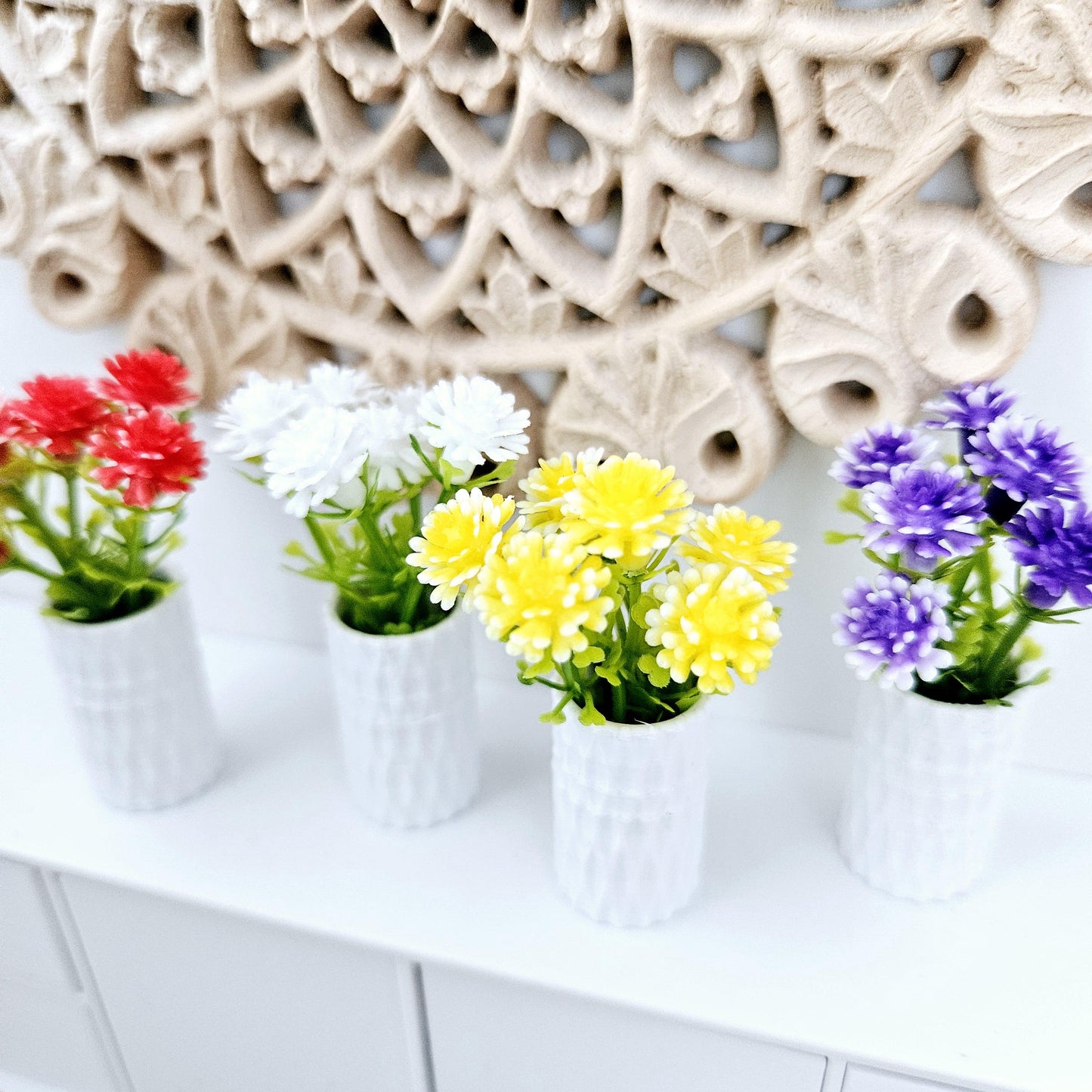 Dolls house coloured flowers in a coloured vase, miniature flowers, 12th scale