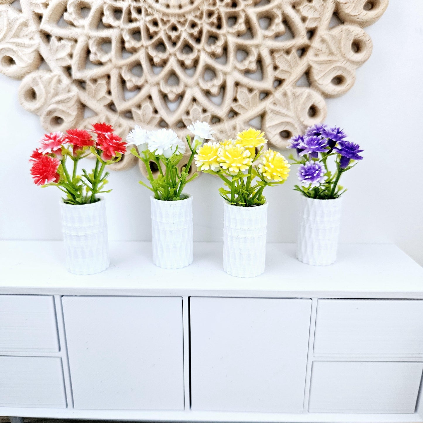 Dolls house coloured flowers in a coloured vase, miniature flowers, 12th scale