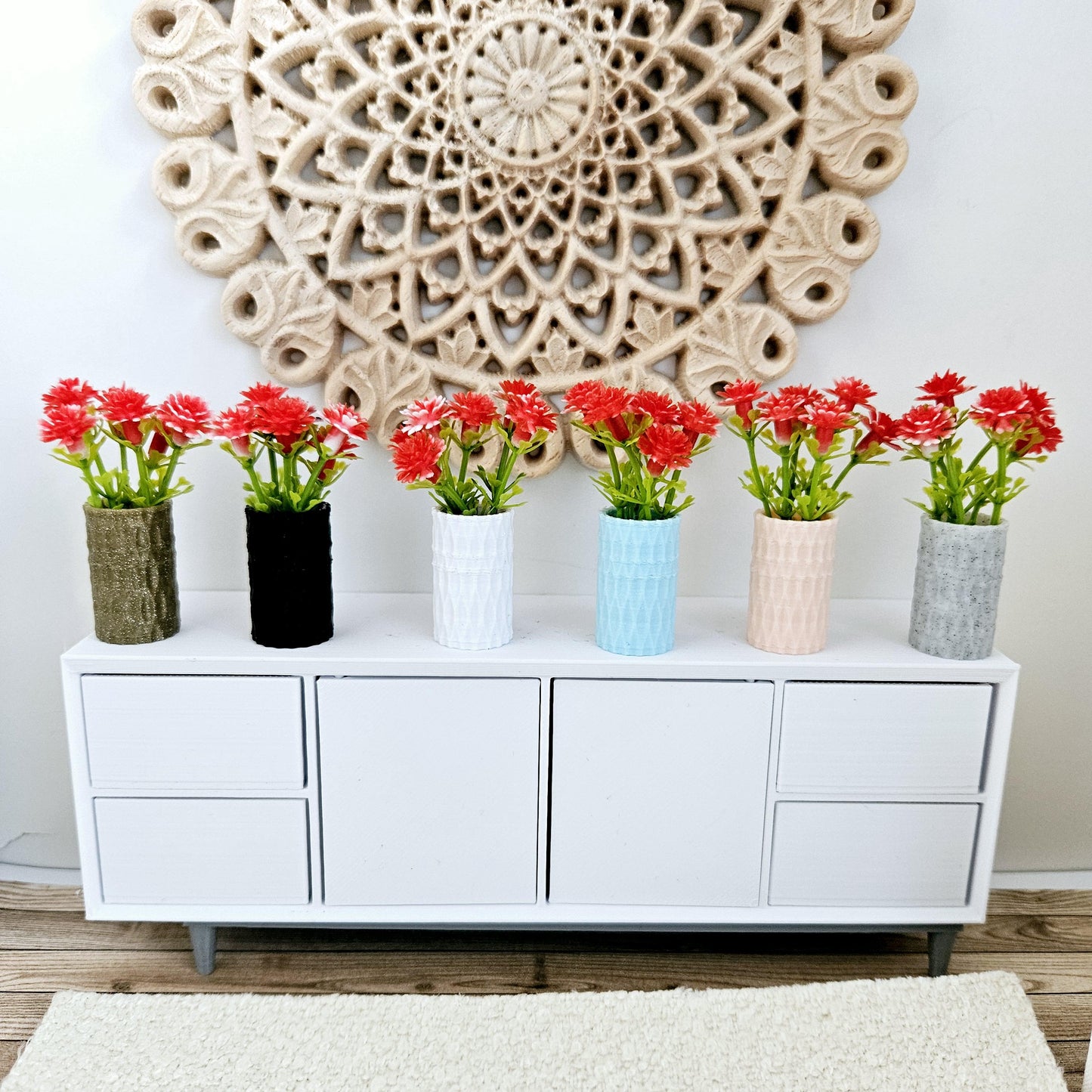 Dolls house coloured flowers in a coloured vase, miniature flowers, 12th scale