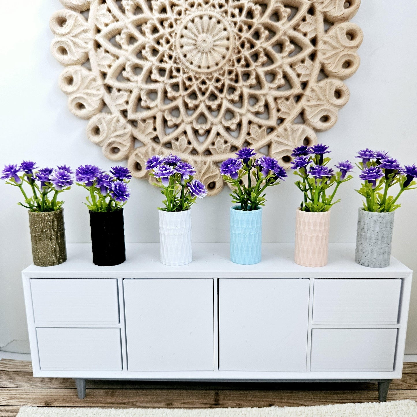 Dolls house coloured flowers in a coloured vase, miniature flowers, 12th scale