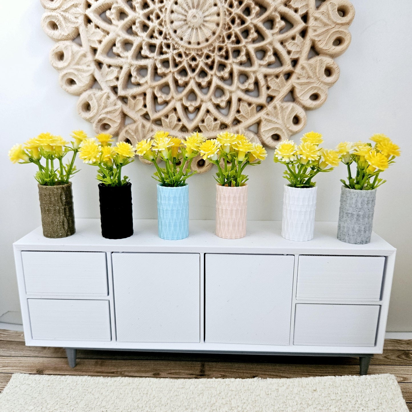 Dolls house coloured flowers in a coloured vase, miniature flowers, 12th scale