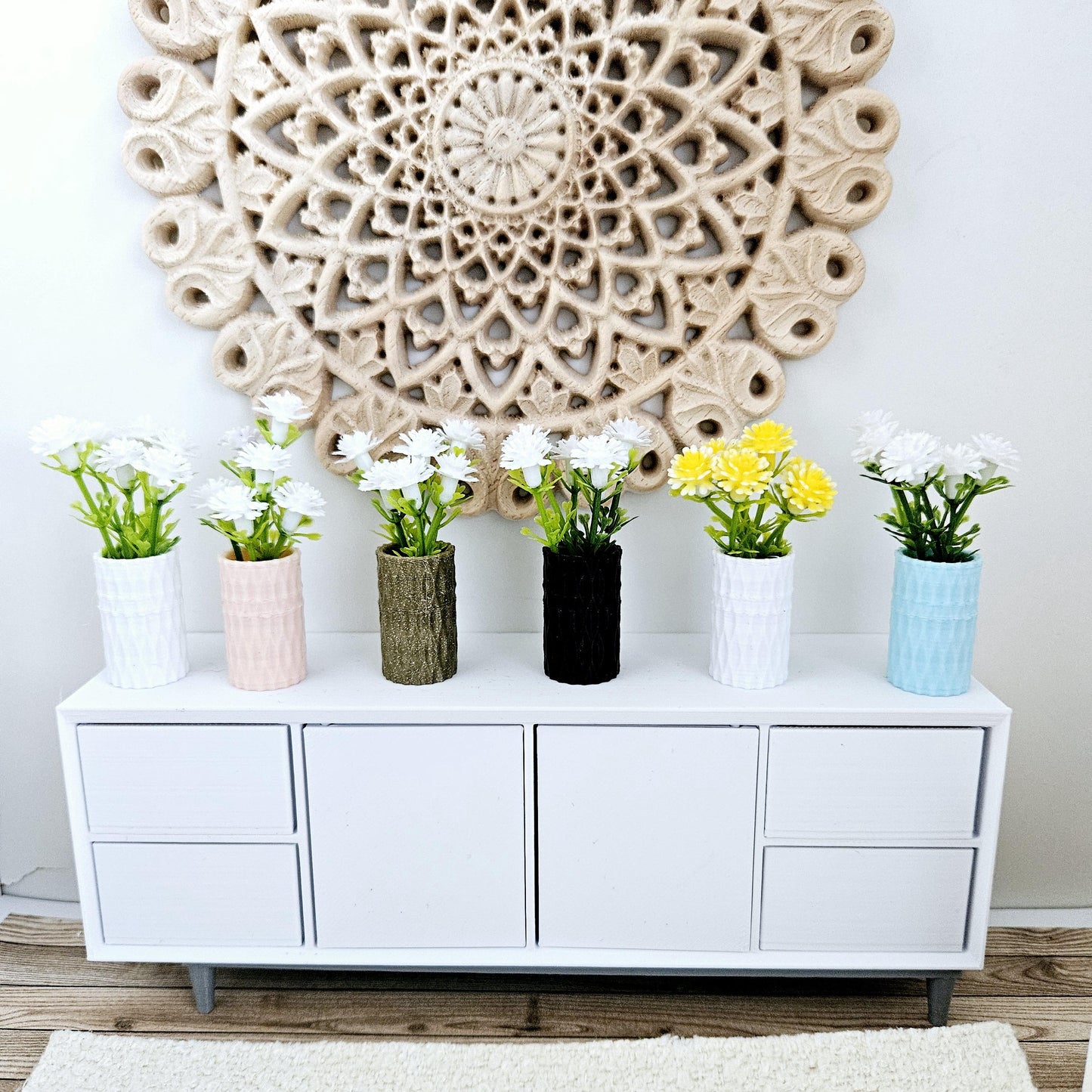 Dolls house coloured flowers in a coloured vase, miniature flowers, 12th scale